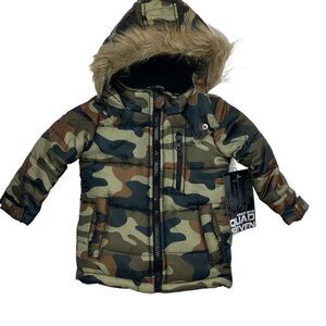 NWT Quad Seven Green Camo Unisex Fleece Lined Fur Trim Hood Winter Coat Size 12m